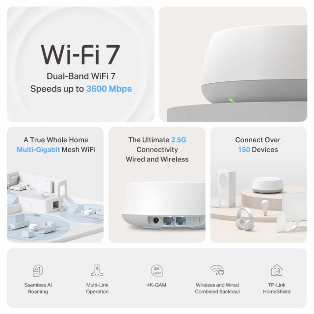 Меш система TP-LINK Deco BE25 (2-pack), BE3600, 2x 2.5GbE, Wi-Fi 7 