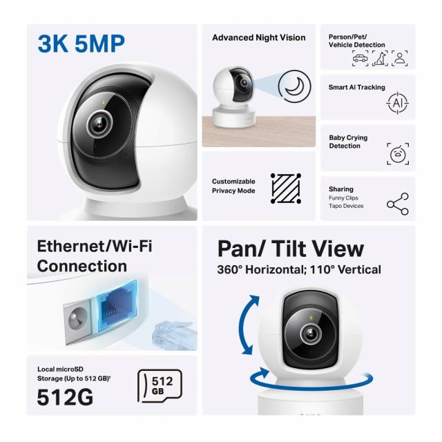Домашна охранителна WiFi камера TP-Link Tapo C232, 3K 5Mp  с AI, Pan/Tilt, LAN, WiFi,SDmicro, нощно виждане 
