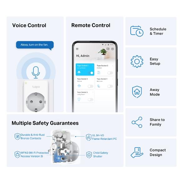 TP LINK TAPO P100 Смарт контакт 10A, 2300W, 2.4Ghz, задаване на график, таймер