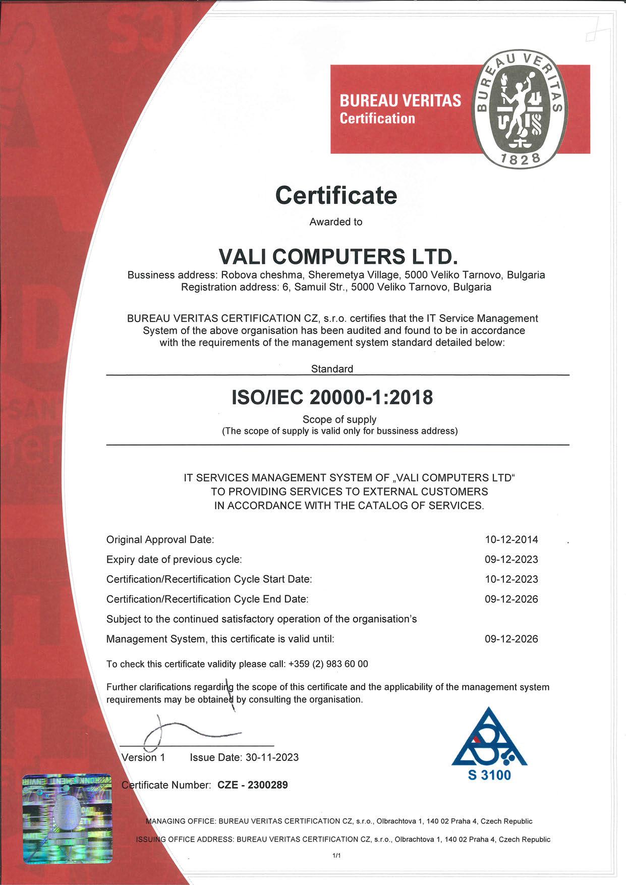 Certificate ISO/IEC 20000-1:2018