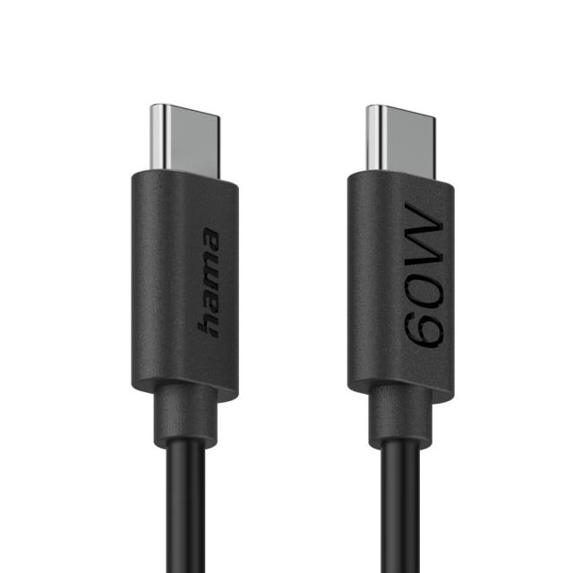 HAMA Кабел за зареждане USB-C - USB-C, 60 W, 1.2 м, черен 