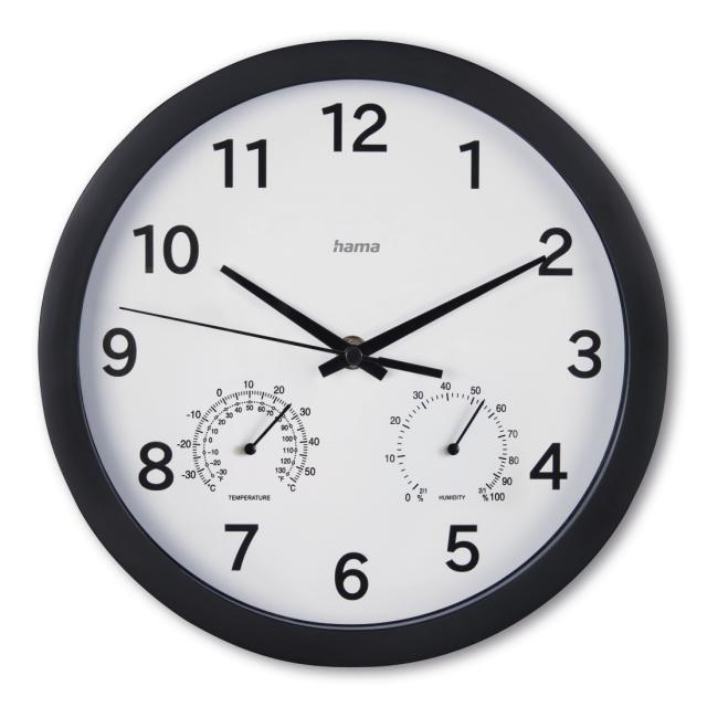 Hama "Malta" Wall Clock, Ø 25 cm, w. Thermometer / Hygrometer, No Ticking, black 