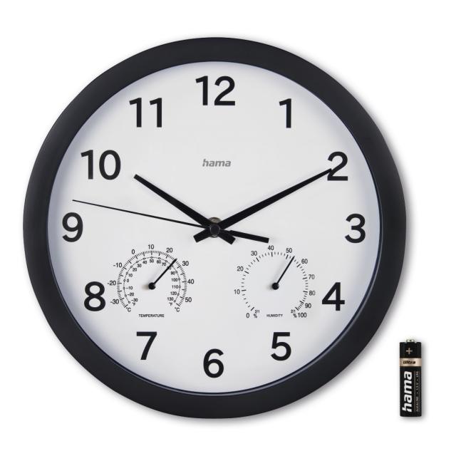 Hama "Malta" Wall Clock, Ø 25 cm, w. Thermometer / Hygrometer, No Ticking, black 