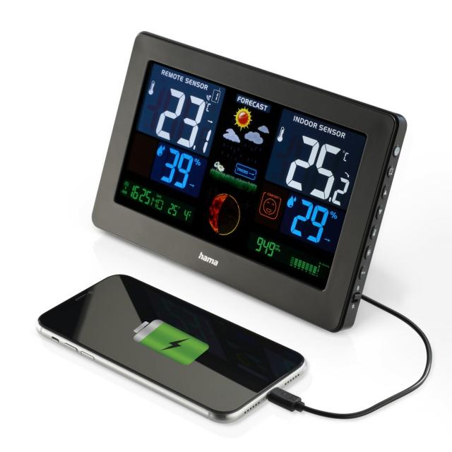 Hama "Premium" Weather Station with LED Colour Display and USB Charging Function 