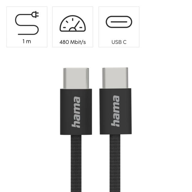 HAMA Кабел за зареждане "Fabric", USB-C - USB-C, 1 m, Nylon, черен 