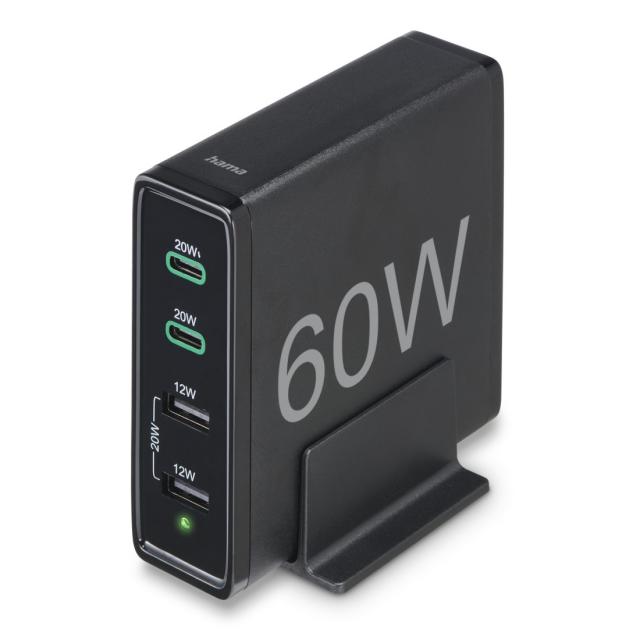 Hama 4-Port Charging Stn, Fast Charger, 2x USB-C, 2x USB-A, PD, 60 W, blk 
