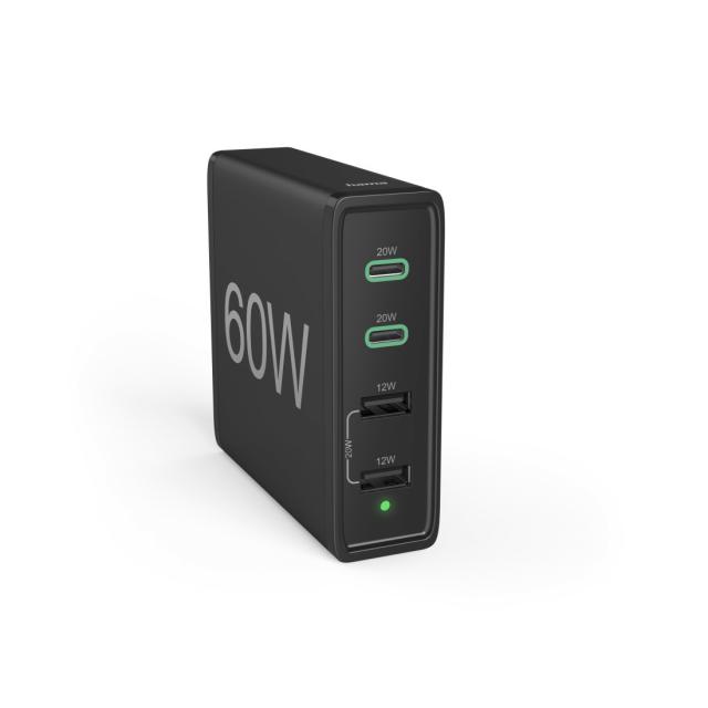 Hama 4-Port Charging Stn, Fast Charger, 2x USB-C, 2x USB-A, PD, 60 W, blk 