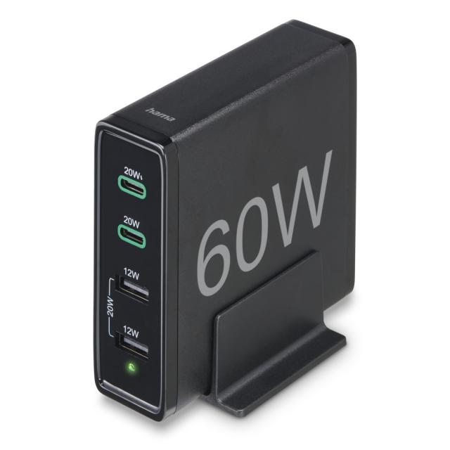 Hama 4-Port Charging Stn, Fast Charger, 2x USB-C, 2x USB-A, PD, 60 W, blk 