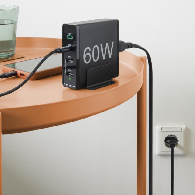 Hama 4-Port Charging Stn, Fast Charger, 2x USB-C, 2x USB-A, PD, 60 W, blk 