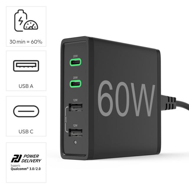 Hama 4-Port Charging Stn, Fast Charger, 2x USB-C, 2x USB-A, PD, 60 W, blk 
