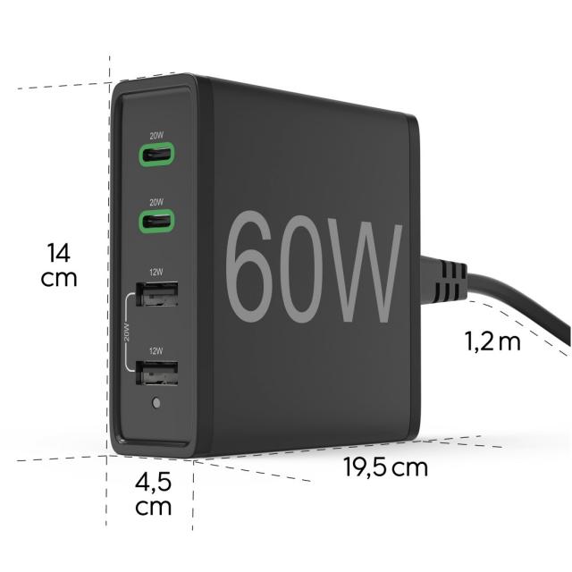 Hama 4-Port Charging Stn, Fast Charger, 2x USB-C, 2x USB-A, PD, 60 W, blk 