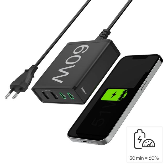 Hama 4-Port Charging Stn, Fast Charger, 2x USB-C, 2x USB-A, PD, 60 W, blk 
