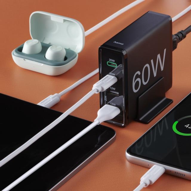 Hama 4-Port Charging Stn, Fast Charger, 2x USB-C, 2x USB-A, PD, 60 W, blk 