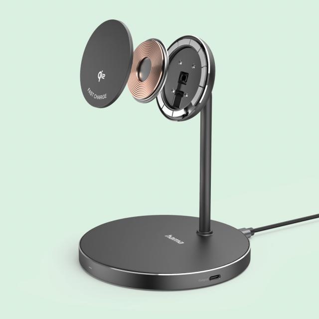 Hama Wireless Qi2 Charger, Inductive Fast Charging, Charging Station Stand, 15 W 