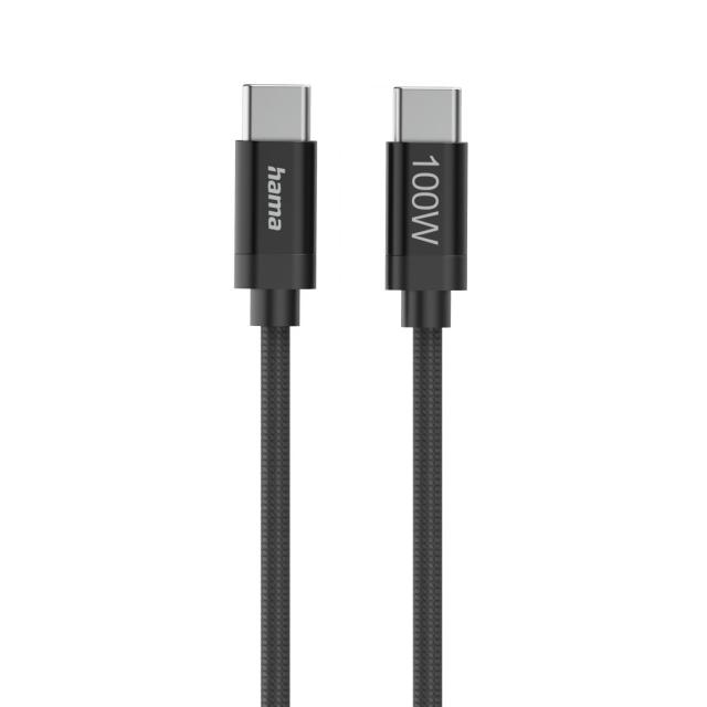Hama Кабел за зареждане, "Fabric", USB-C - USB-C, 100 W, 1.5 m, Nylon, black 