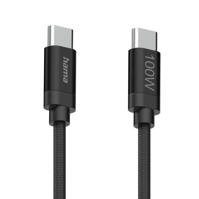 Hama Кабел за зареждане, "Fabric", USB-C - USB-C, 100 W, 1.5 m, Nylon, black 