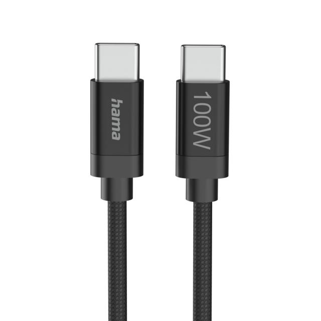Hama Кабел за зареждане, "Fabric", USB-C - USB-C, 100 W, 3 m, Nylon, black 