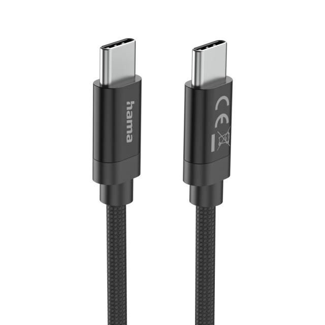 Hama Кабел за зареждане, "Fabric", USB-C - USB-C, 100 W, 3 m, Nylon, black 