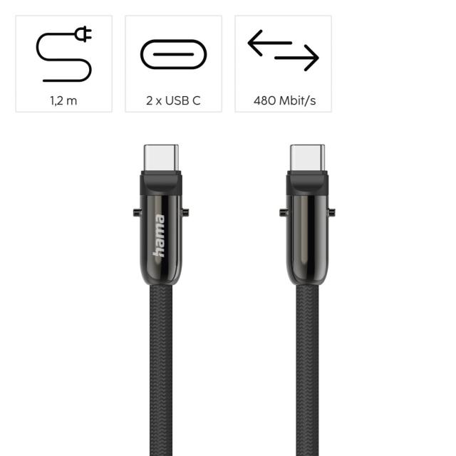 Hama Кабел за зареждане, USB-C, 2 в 1 с връзка за телефон, 1.2 m, черен 