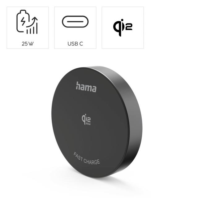 HAMA Безжично зарядно устройство Qi2 25W, бързо зареждане, черно 