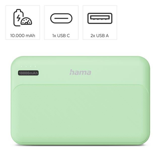 HAMA Външна батерия "Pocket 10", 10000 mAh, Изходи: 2x USB-A, зелена 