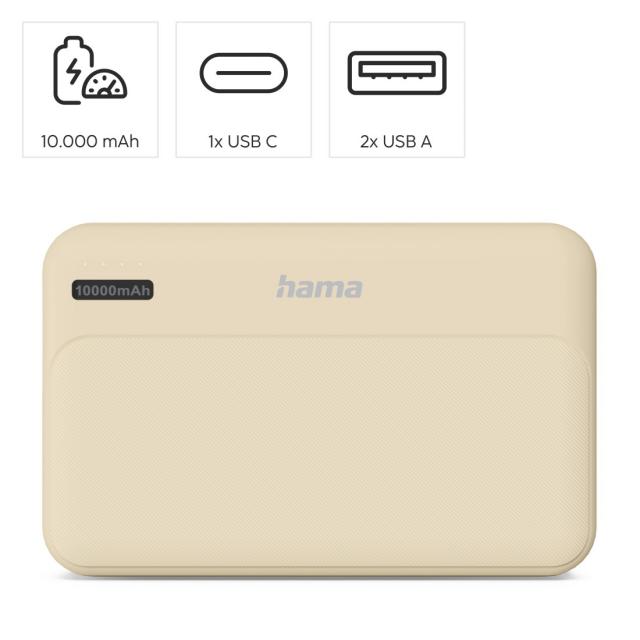 HAMA Външна батерия "Pocket 10", 10000 mAh, Изходи: 2x USB-A, бежов 