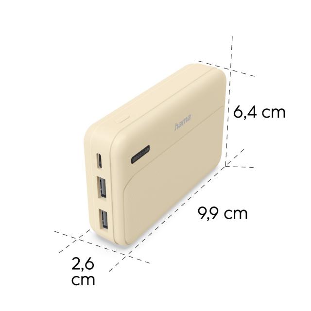HAMA Външна батерия "Pocket 10", 10000 mAh, Изходи: 2x USB-A, бежов 