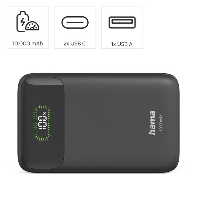 HAMA Външна батерия "PD10-W20", 10000 mAh, 3 изхода: 2 x USB-C, USB-A, Бързо зареждане 