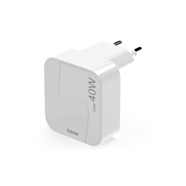HAMA Бързо мини зарядно GaN, 2 x USB-C, PD, 40 W, сгъващ се адаптер, бял 
