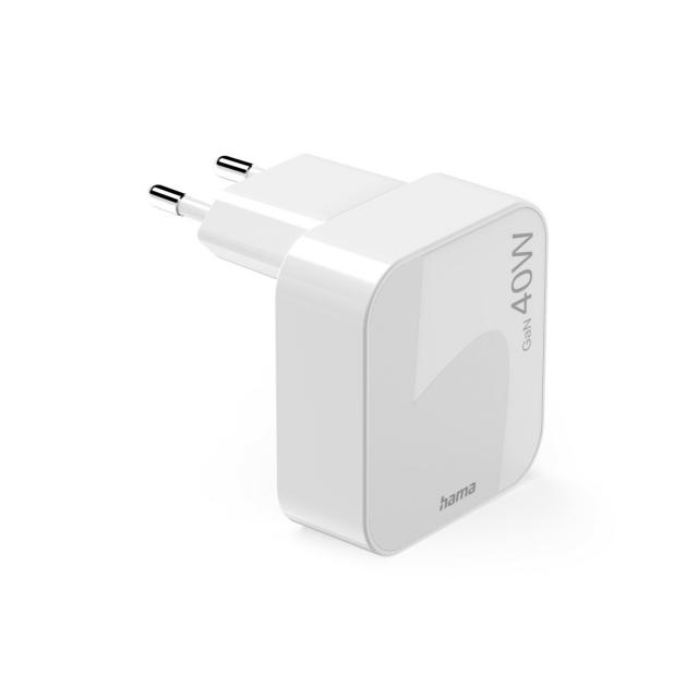 HAMA Бързо мини зарядно GaN, 2 x USB-C, PD, 40 W, сгъващ се адаптер, бял 