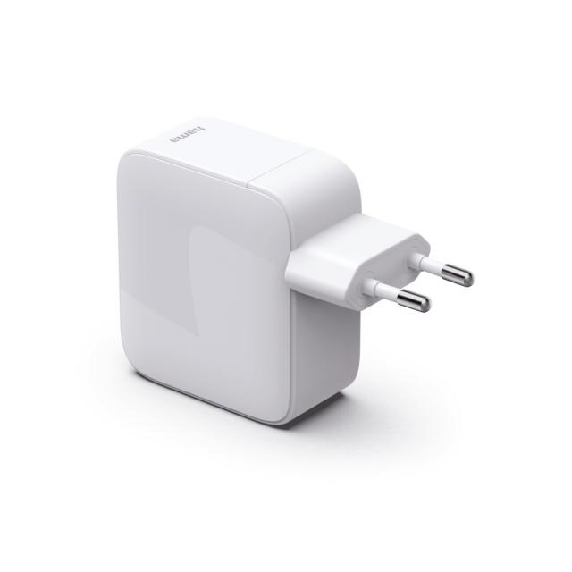 HAMA Бързо зарядно, 30 W, GaN, 2x USB-C, с разтегателен кабел 0.7м, бял 