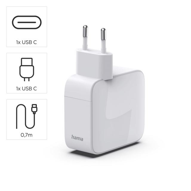 HAMA Бързо зарядно, 30 W, GaN, 2x USB-C, с разтегателен кабел 0.7м, бял 