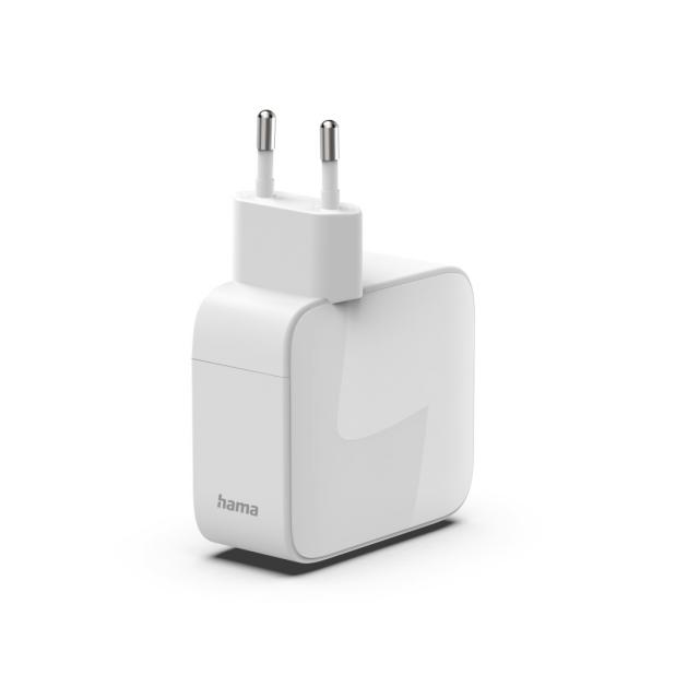 HAMA Бързо зарядно, 65 W, GaN, 2x USB-C, с разтегателен кабел 0.7м, бял 