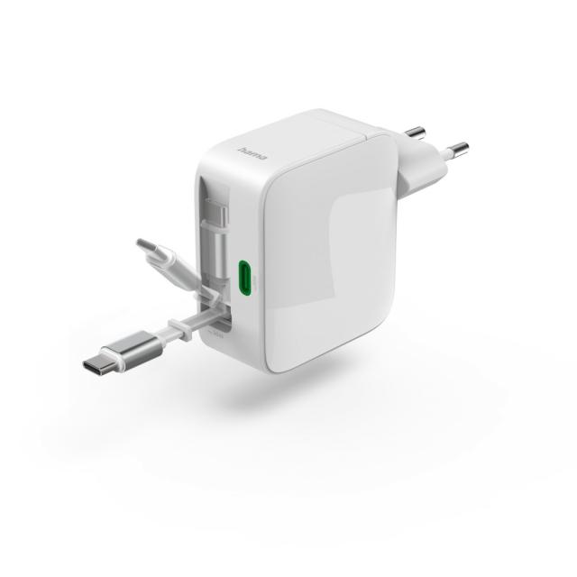 HAMA Бързо зарядно, 65 W, GaN, 2x USB-C, с разтегателен кабел 0.7м, бял 