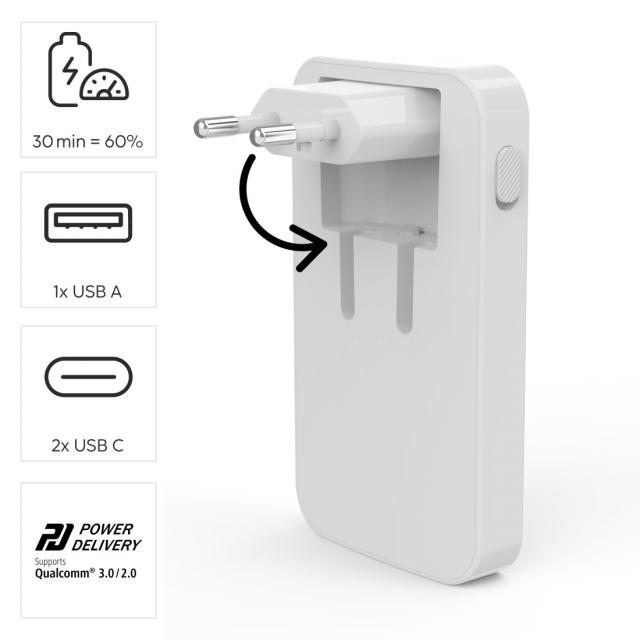 Hama Fast Charger, 2x USB-C, 1x USB-A, Flat Mini Charger, PD, 65 W, wht 
