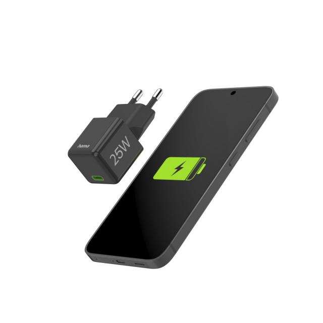 Hama Fast Charger, USB-C, Super-Mini Charger, PD, 25 W, black 