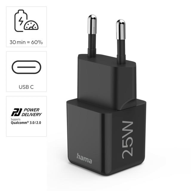 Hama Fast Charger, USB-C, Super-Mini Charger, PD, 25 W, black 