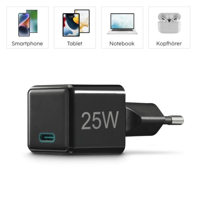 Hama Fast Charger, USB-C, Super-Mini Charger, PD, 25 W, black 