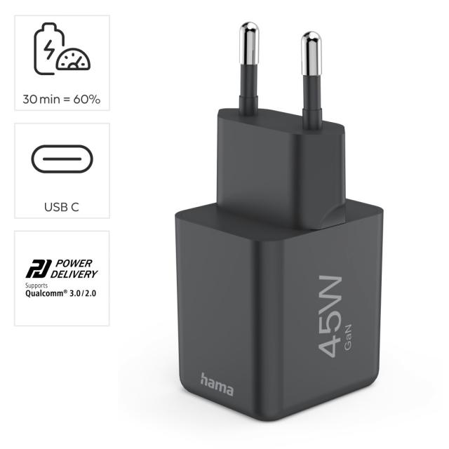 HAMA Бързо мини зарядно GaN, USB-C, PD, 45 W, черно 