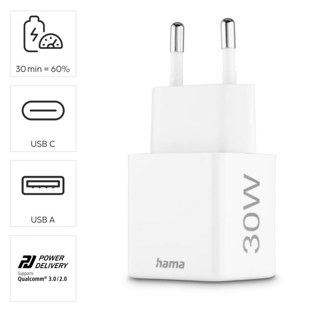 HAMA Бързо мини Gan зарядно, 30 W, 1x USB-C, 1x USB-A, PD, бял 