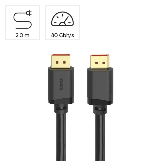 HAMA Кабел DisplayPort, DP 2.1, Ultra-HD 16K, 80 Gbit/s, 2 m 