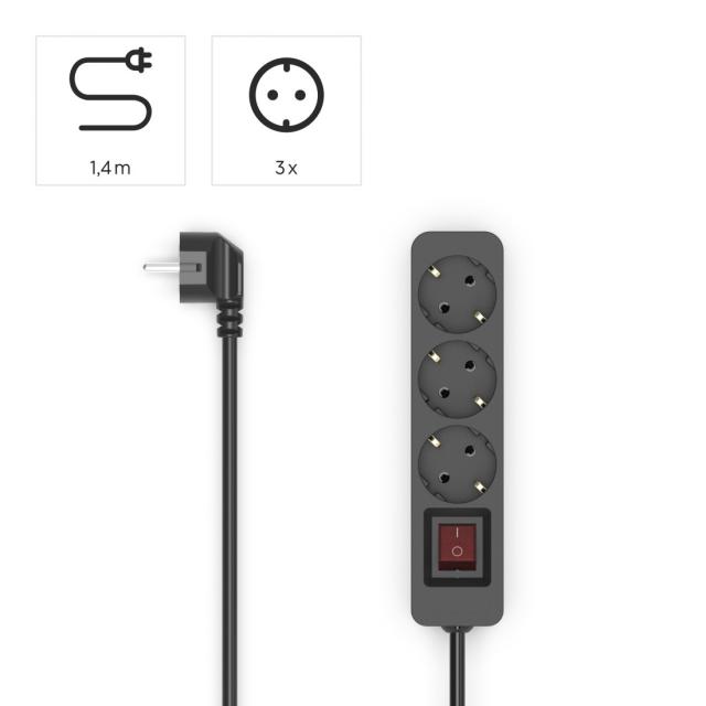 HAMA Разклонител 3гнезда, 1.4м,черен с бутон вкл/изкл 