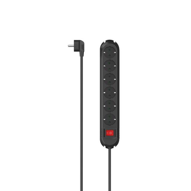 Hama Power Strip, 6-Way, 90° Rotated, Switch, Wall Mounting, 2 m, black 