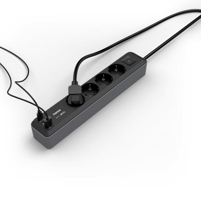 Hama Power Strip, 4-Way, USB-C/A 65 W, PD, Switch, 1.4 m, black/grey 