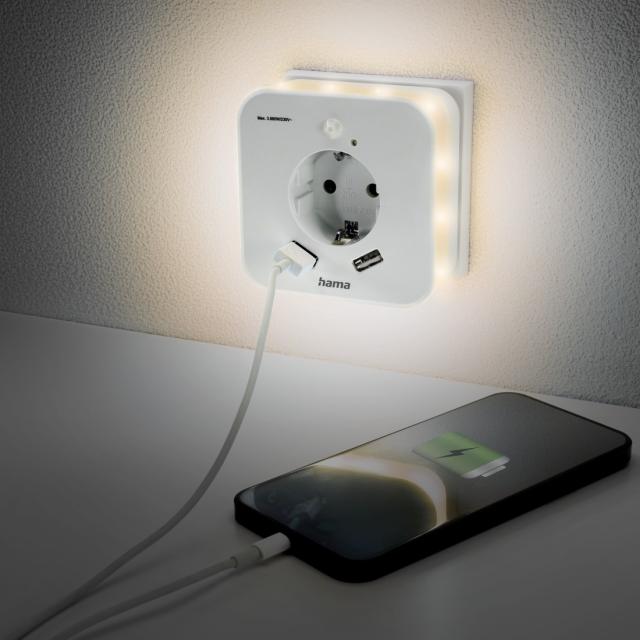 Hama LED Night Light with Socket, 2 USB Outputs, Motion Sensor, Light Sensor 