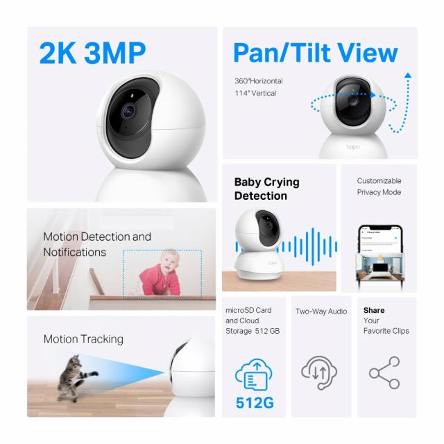 Охранителна WiFi камера TP-Link Tapo C210P2, 360°, Pan/Tilt - 2 Броя 