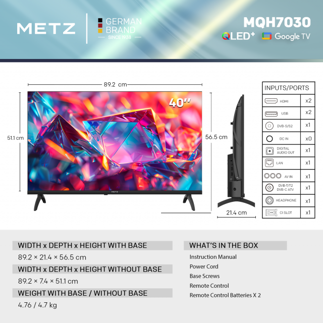 METZ 40" 40MQH7030Z QLDE+ FHD(1920x1080), GoogleTV, Class-E 