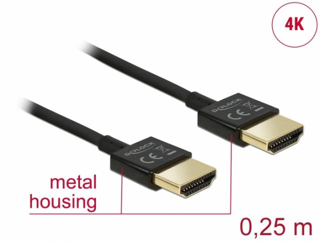 Кабел Delock HDMI-A мъжко - HDMI-A мъжко, Ethernet, 3D, 4K, 0.25 м, Черен 