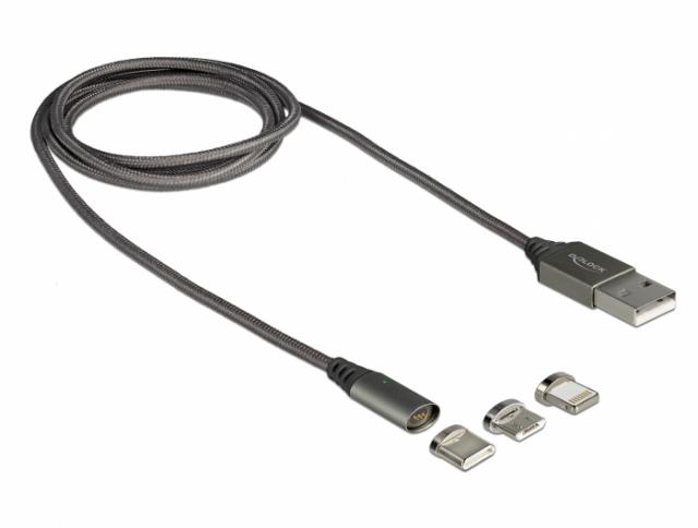 Кабел за зареждане Delock  3 в 1, USB-A мъжко - 8 Pin / Micro USB / USB Type-C, 1м, Черен 