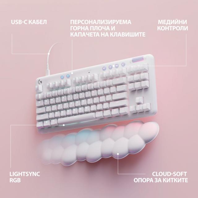 Геймърска механична клавиатура Logitech G G713, TKL, Tactile, RGB LED, US Layout, бяла 